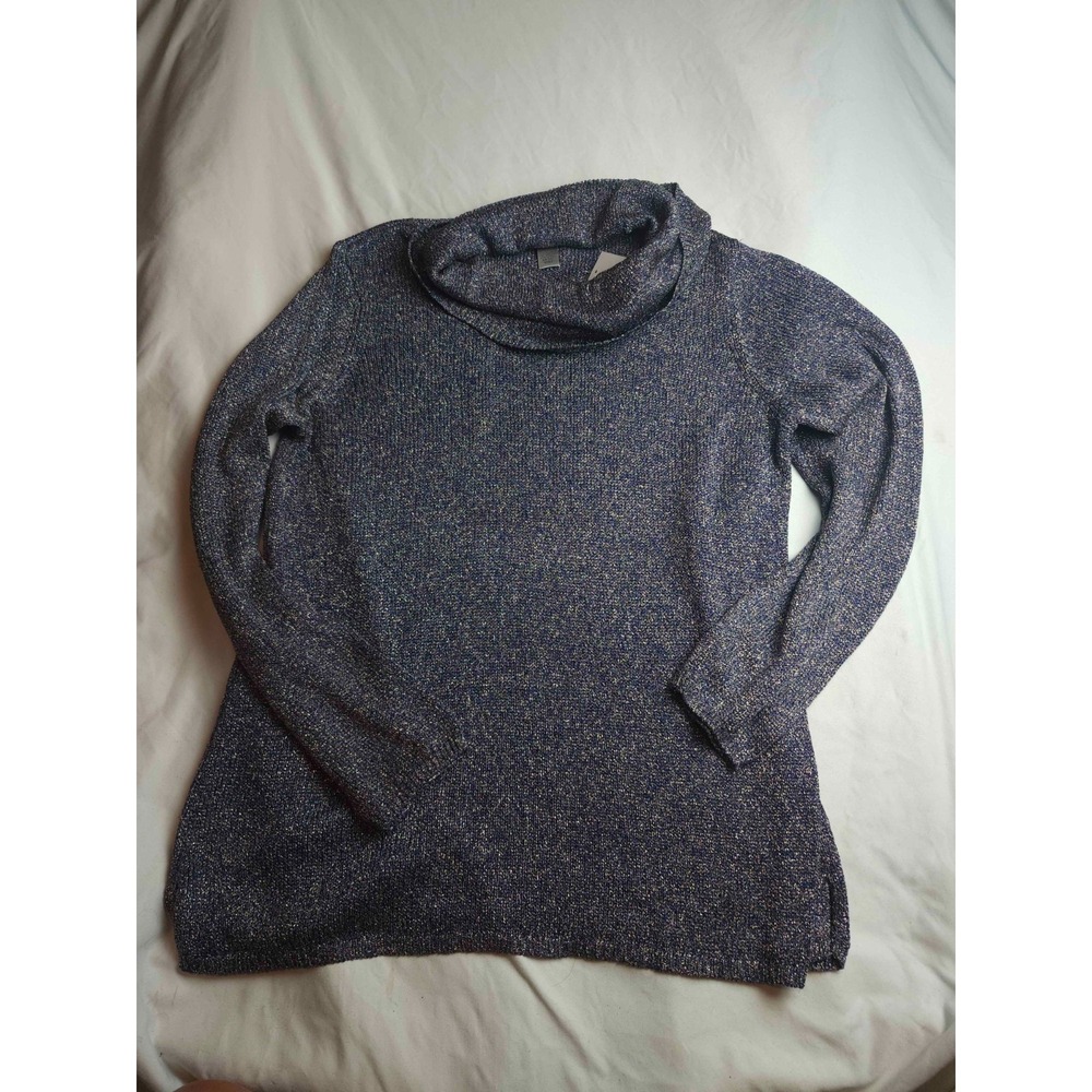 Chicos Cowl Neck Sweater Womens 3 Blue Knit Metallic Minimalist Quiet Luxury